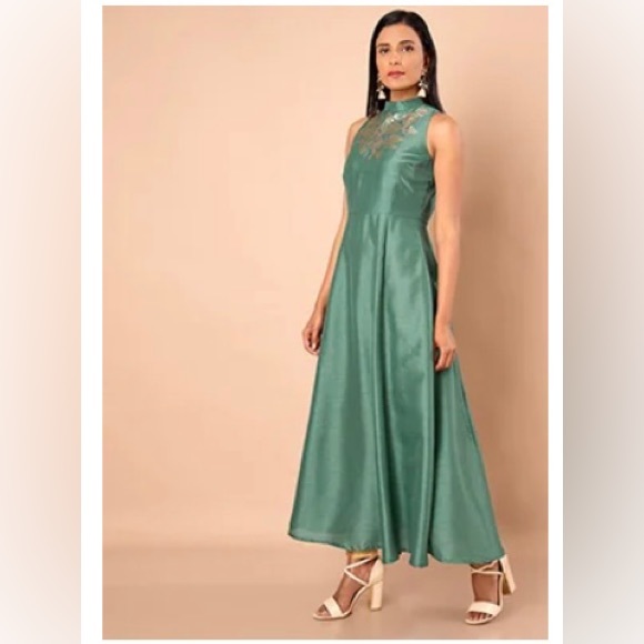 Silk Party Gown/Anarkali in Blue Green Embellished rose embroidery, size 2XL - Picture 2 of 4